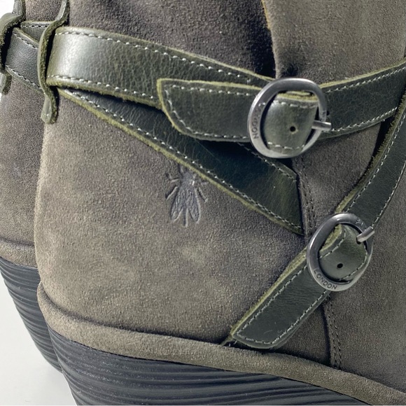 Fly London YEMO274FLY Sludge Gray Olive Suede Leather Wedge Ankle Boots 7.5 38 - Picture 5 of 14